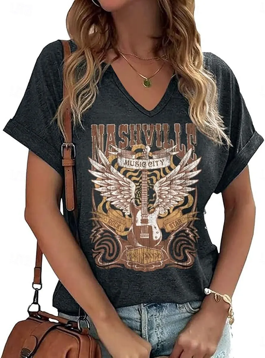 T-shirt imprimé avec lettres pour femmes, col en V vintage, manches courtes, printemps-été