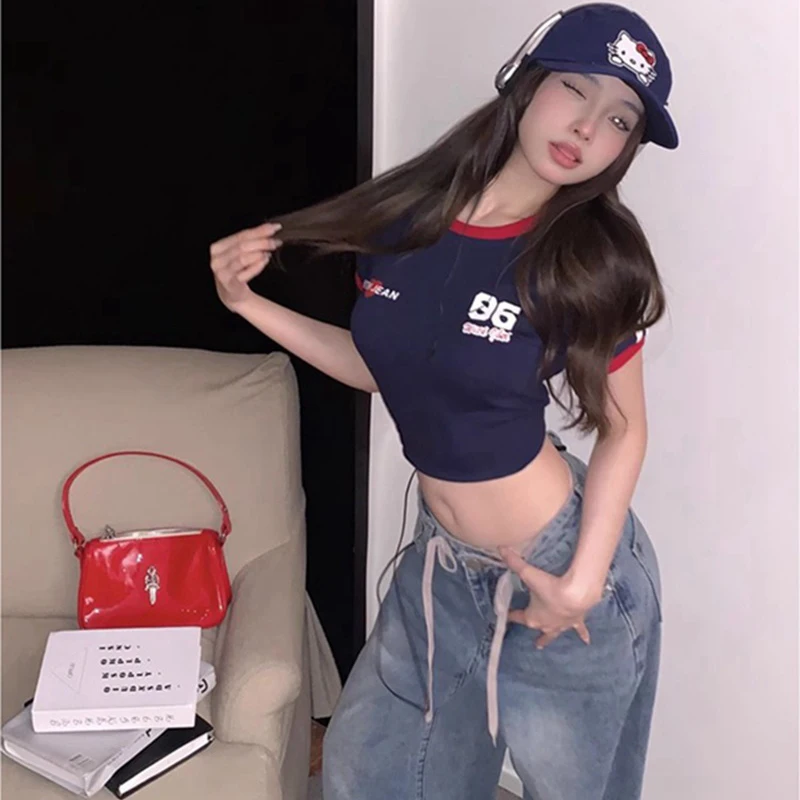 Summer T-shirt Women Aesthetic 90\'s Crop Tops Casual Grunge Vintage Women Letter Print Casual Short Sleeve T-Shirt Y2k Clothes