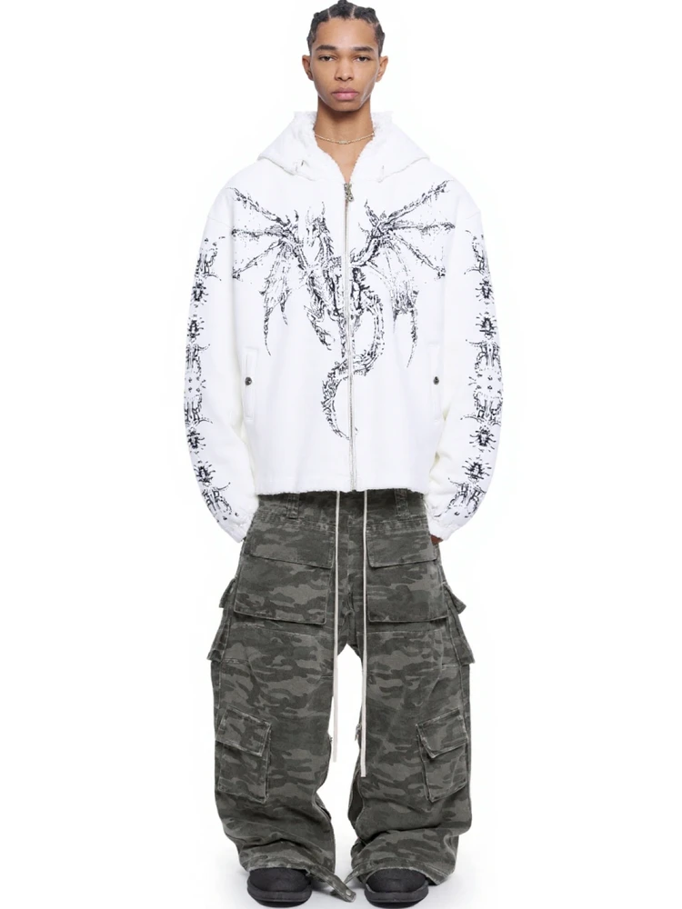 

Худи свободного кроя в уличном стиле с драконьим узором и заклепками, для пар, осенне-зимняя теплая верхняя одежда из хлопка и полиэстера