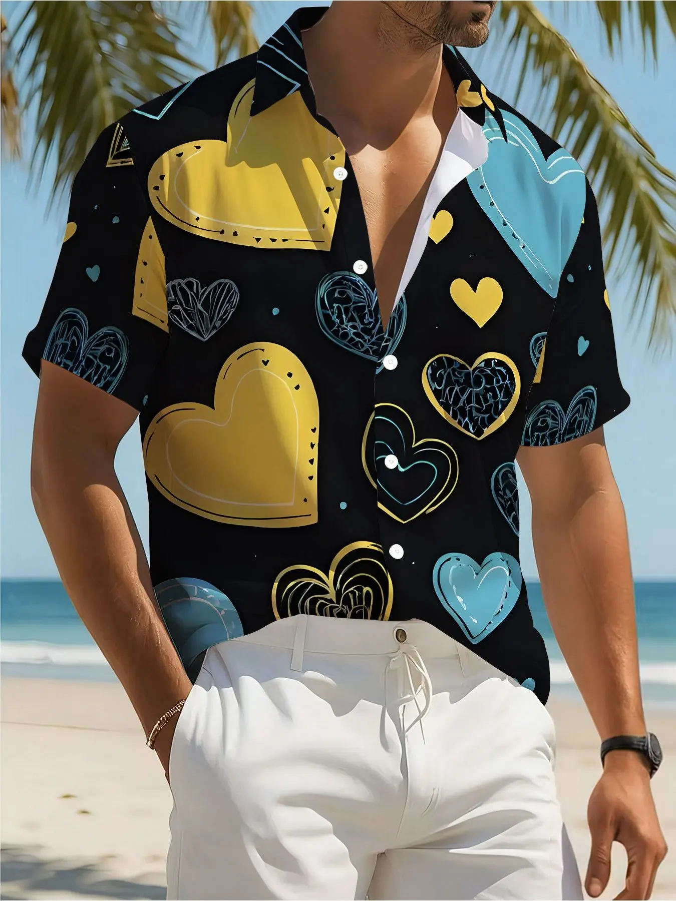 Men's Shirt Graffiti Handdrawn Heart Print Short Sleeve Lapel Button Down Casual Summer Street Tops Men Clothing