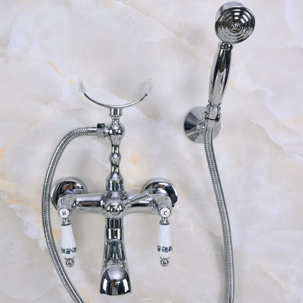 

Silver Chrome Brass Double Handle Wall Mounted Bathroom Bath Tub Faucet Set with 1500MM Hand Held Shower Spray Mixer Tap 2na240