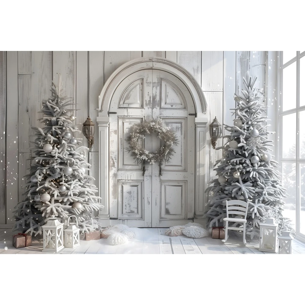 White Christmas Backdrop Xmas Tree Gift Window Indoor Wooden Door Board Winter Kids Family Portrait Photography Background Decor