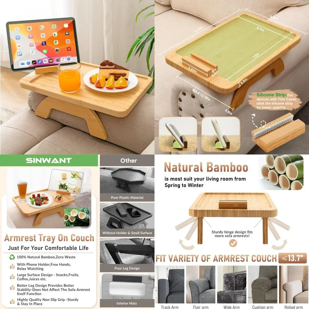

Bamboo Couch Armrest Table with Foldable Design and 360° Rotating Phone Holder for Eating and Entertainment