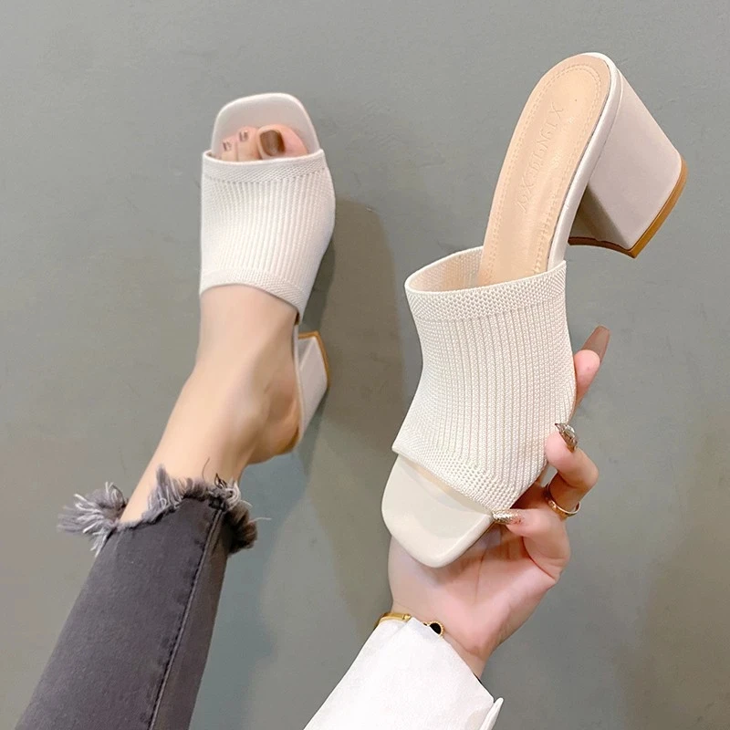 

2025 Sexy Mules Shoes Women Square Heel Slippers Women Summer High Heels Square Toe Sandals Slides Ladies Shoes White Black