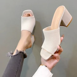 2025 Sexy Mules Shoes Women Square Heel Slippers Women Summer High Heels Square Toe Sandals Slides Ladies Shoes White Black