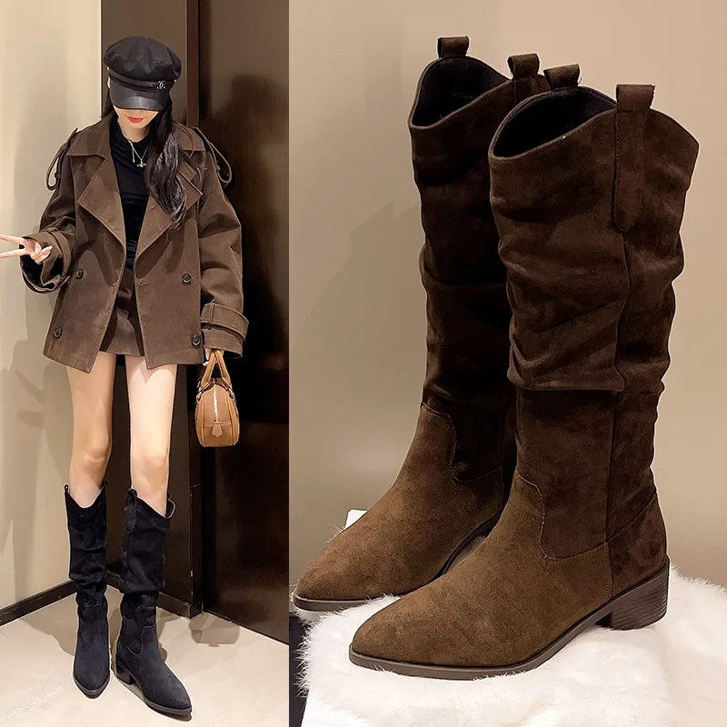 

Новинка 2024 года, модные универсальные стильные ботинки высокого качества, женские осенне-зимние новые ботинки на массивном каблуке с квадратным носком и подкладкой из искусственного меха