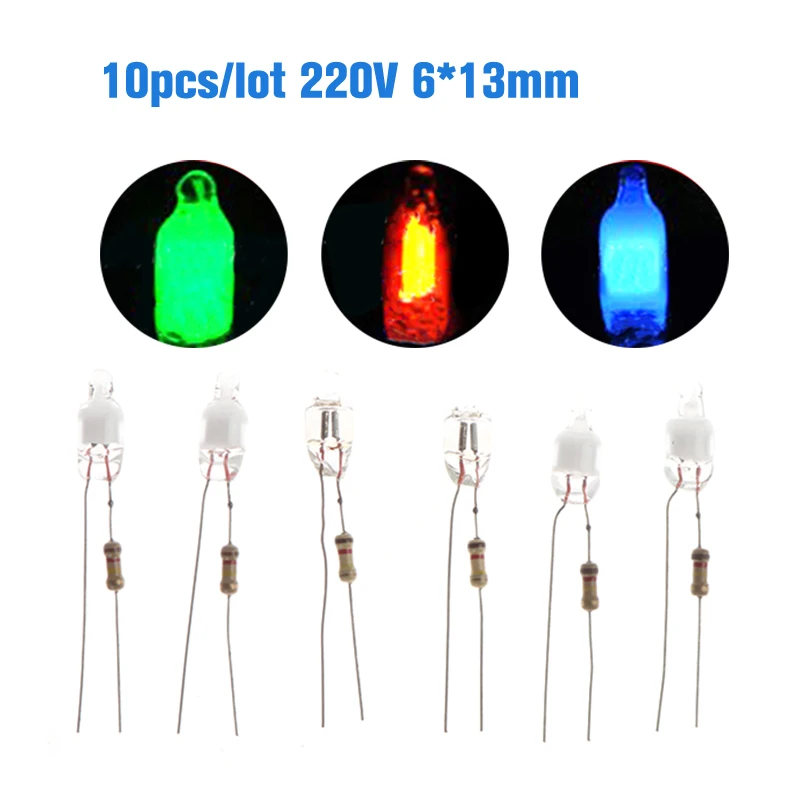 10Pcs Neon Indicator Light Green Red Blue Signs 6mm Neon Lamp Glow 2 Copper Wire 6X13mm Neon Indicator Bulbs