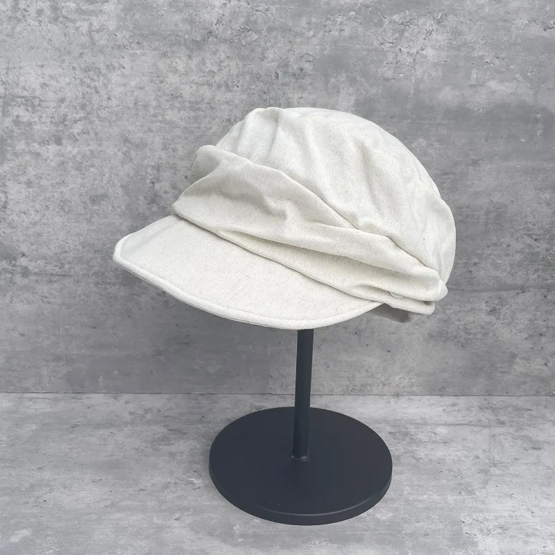 Women's Spring Summer Simple Pleated Linen Newsboy Cap Versatile Slim Sun Hat