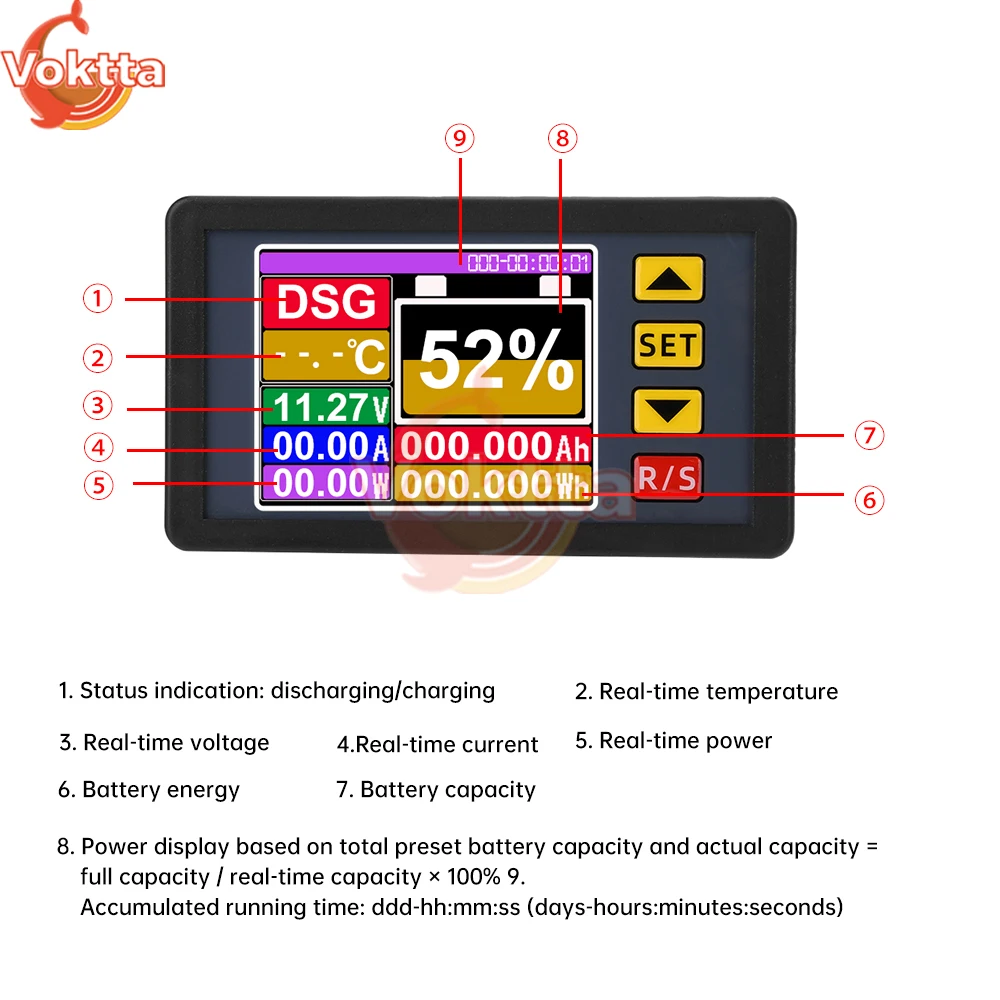 Imagem -02 - Testador Multifuncional com Display Digital dc 7200v 9-in1 Fonte de Alimentação Voltímetro Amperímetro Testador de Capacidade da Bateria Medidor de Coulomb