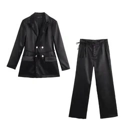 PB&ZA 2024 Early Autumn New Women's Fashion Solid Color Double-breasted Drape Suit Jacket Satin Textured Straight Trousers Set