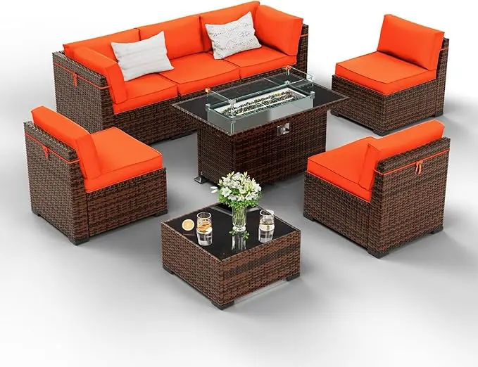 

8 Pieces Patio Furniture Set with Glass Top Fire Pit Table with Slanted Back, Patio Couch with Glass Coffee Table for Backyard