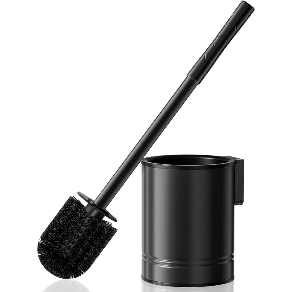 Black Toilet Bowl Brush: Metal Rustproof Bathroom Cleaning Accessories Set with Hidden Holder for Renters - Wall-Mounted Family Compact Toilet Cleaner Kits for Apartment RV Small Space