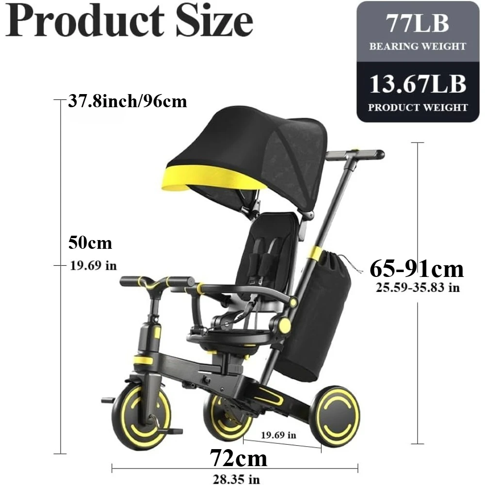 幼児用9-in-1プッシュトライク、調節可能なハンドルと安全ハーネス付きの変形可能なキッズトライク、軽量で折りたたみ可能、男の子と女の子向け