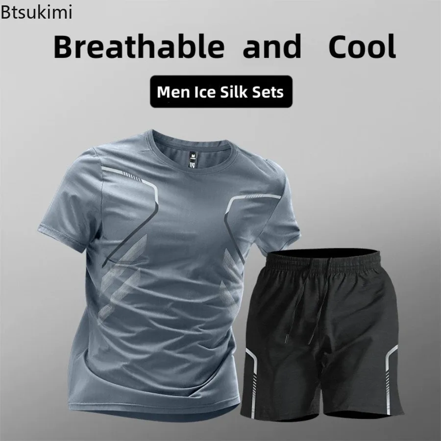 

New Men's Running Sports Suits Outdoor Workout Quick-drying Breathable Short Sleeve Two Pieces Summer Ice Silk Casual Tracksuits
