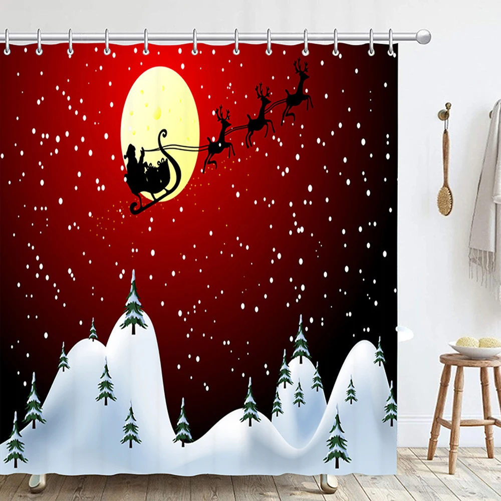 

Reindeer Santa Claus Shower Curtain Cute Elk Christmas Merry Xmas Snow Tree Bathroom Decor with Hooks Waterproof Bath Curtains