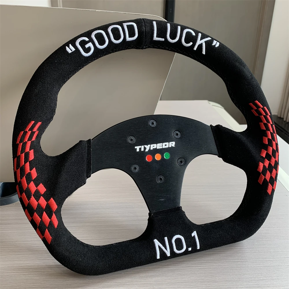

TIYPEOR 13 inch D-shaped Universal Game Steering Wheel 320mm Good Luck Embroidered Sport Steering Wheel for Car Sim Driving