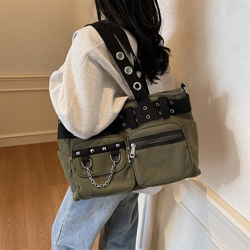 

Striped corduroy ladies' hand-held tote bag, color-blocking chain single-shoulder bag, large-capacity crossbody bag