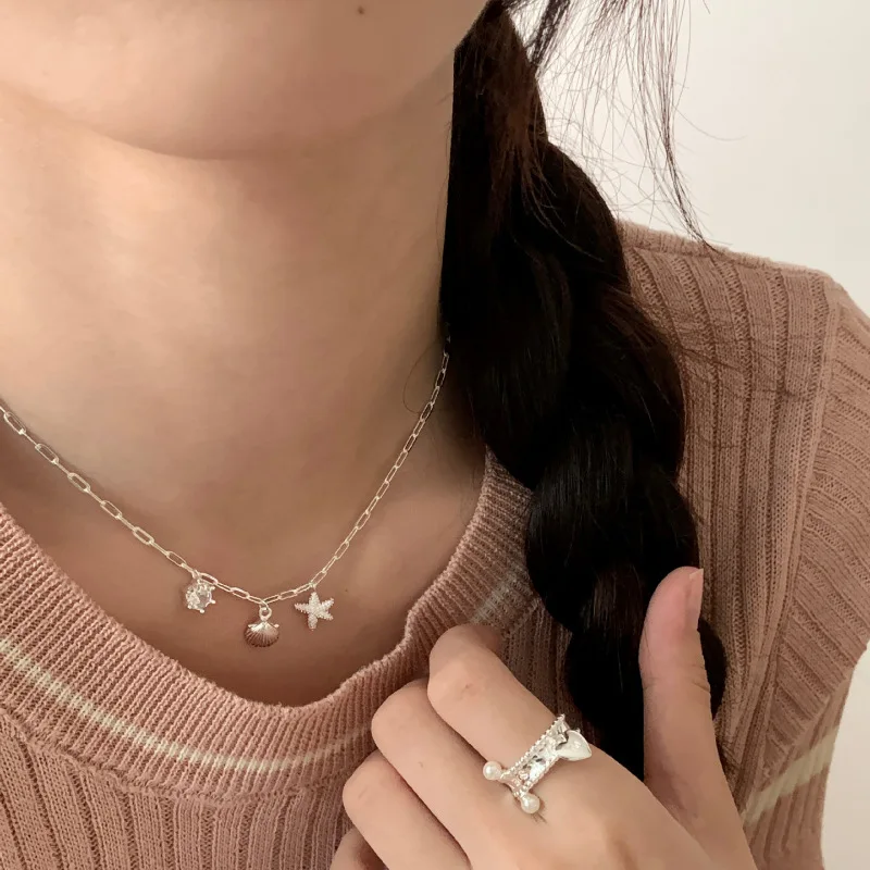 PANJBJ 925 Sterling Silver Zircon Necklace for Women Girl Geometry Shell Starfish Interesting Jewelry Party Gift Dropshipping