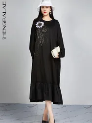 SHENGPALAE Trendy Embroidered O-Neck Long Sleeve Straight Tube Robe 2024 Summer New Versatile Loose Elegant Women's Dress 5C1368