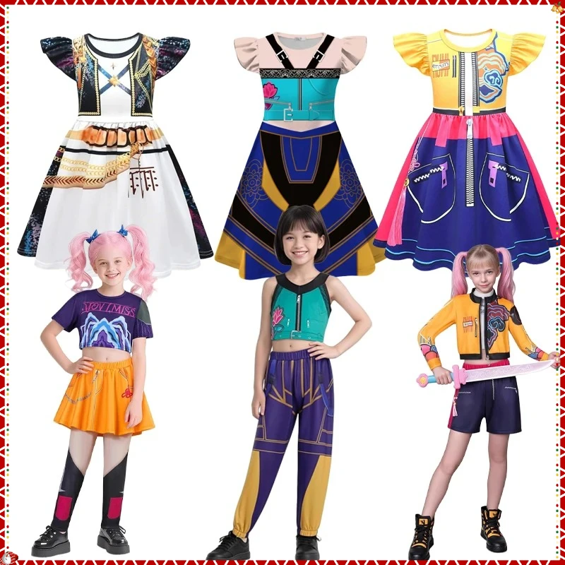 

Movie K-Pop Rumi Mira Zoey Cosplay Costume Halloween Carnival Rumi Hunters 3D Printed Pattern Flying Sleeve Dress Up for Girl