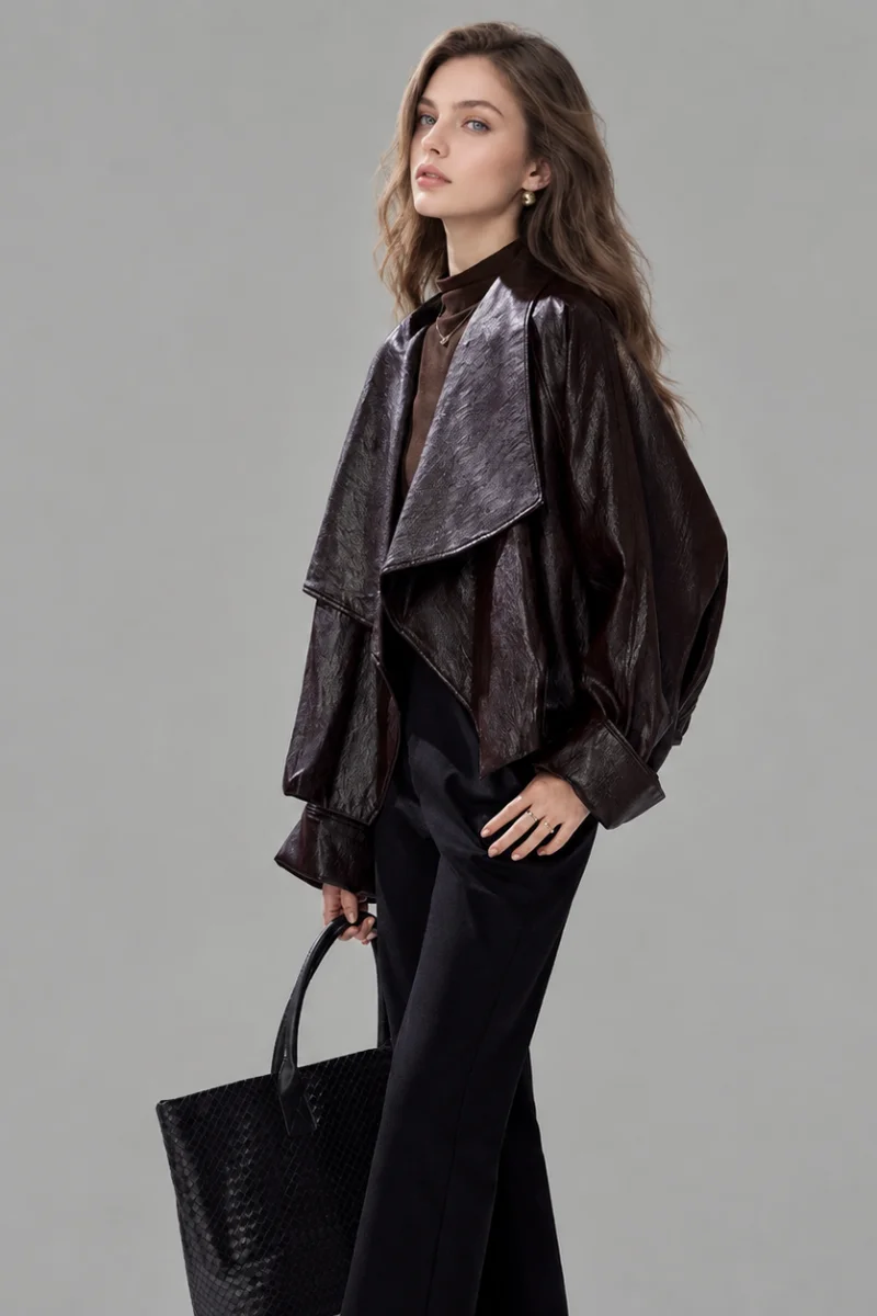 Vintage Black Faux Leather Cropped Coat, Draped Wide Lapel Open Front Oversized Women Streetwear Jacket
