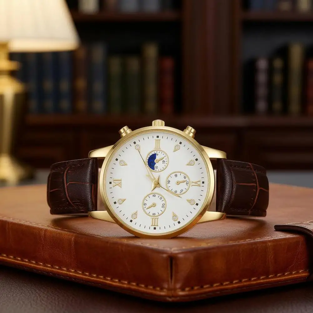

Scratch-resistant Mineral Glass Watch Men's Minimalist Analog Quartz Watch Classic Three-hand Leather Strap for Fathers