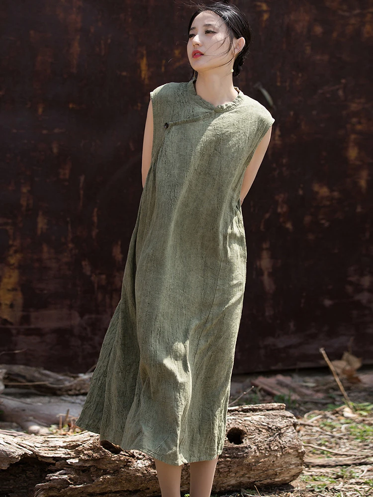 

Chinese Style Women Cotton Linen Long Dress New Arrival 2025 Summer Vintage Stand Collar Loose Female Casual A-line Dresses T571