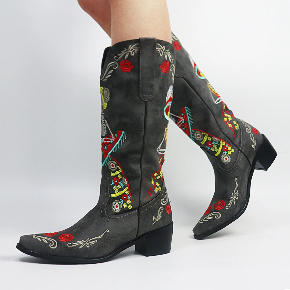 

AOSPHIRAYLIAN Western Cowboy Boots For Women Embroidery Square Heels Retro Vintage Western Cowgirl Women's Shoes