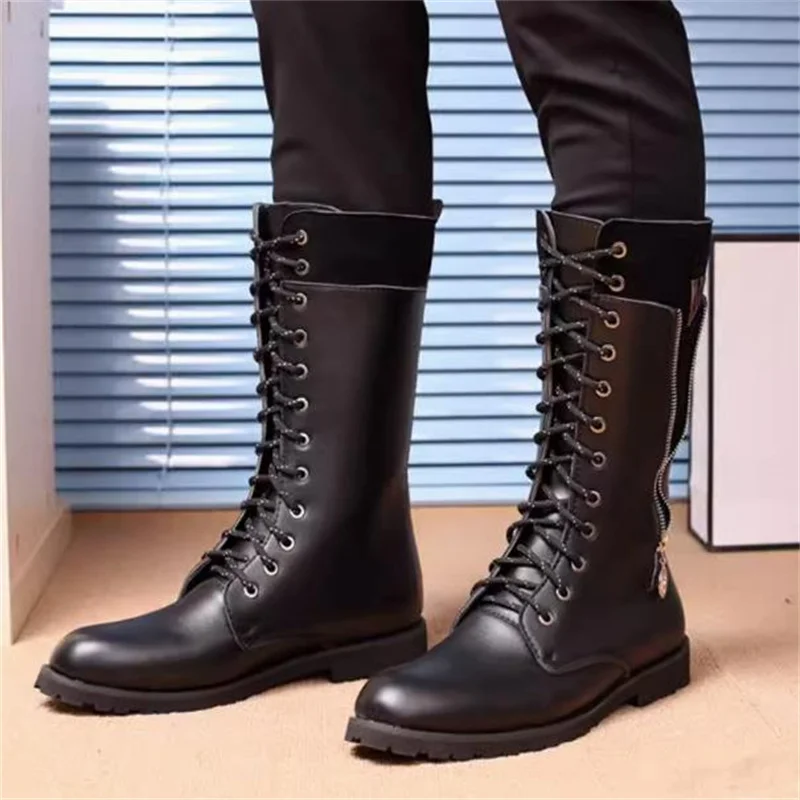 Mens Training Over Knee High Boots light Leather Long Waterproof Snowboots Equestrian Motocycle Patent leather punk cowboy boots