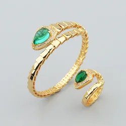 Designer Collection Fashion Style Women Lady Ring Bracelet Plated Gold Color Inlay Green Cubic Zircon Snake Snakelike Bangle