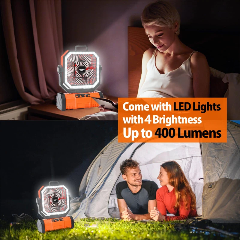 캠핑 팬 20000mAh 배터리 구동 팬 LED 조명으로 충전식 후크가 있는 휴대용 야외 텐트 팬 4 속도 바람 썸네일 2
