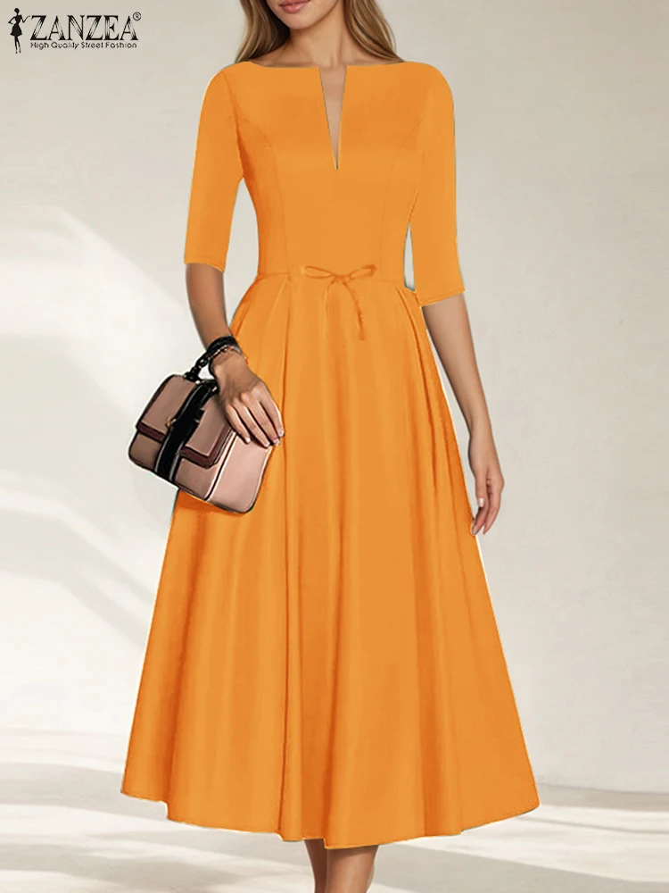 ZANZEA レディースエレガントなサテンミディドレスファッション V ネック 3/4 スリーブハイウエストスイングローブファム通勤固体 A ライン Vestidos