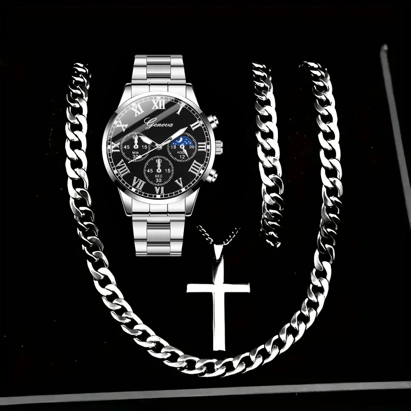 4pcs men's watch handsome steel strap quartz watch with necklace bracelet set suitable for daily wear and holiday gifts