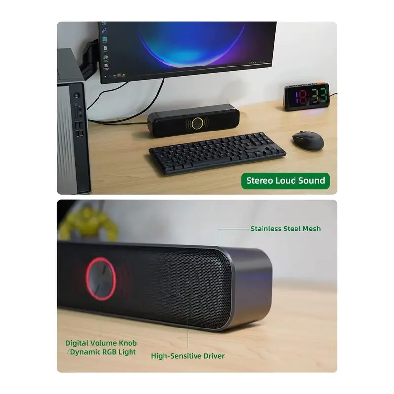 

【Счастливчик】 Компьютерные колонки USB Компьютерная звуковая панель с цифровой ручкой громкости Стереозвук для настольных компьютеров, ноутбуков, игровых колонков для ПК