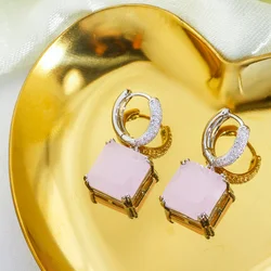 ThreeGraces Stylish Pink Cubic Zirconia Simple Small Dangling Square CZ Huggie Hoop Earrings for Women New Trendy Jewelry ER892
