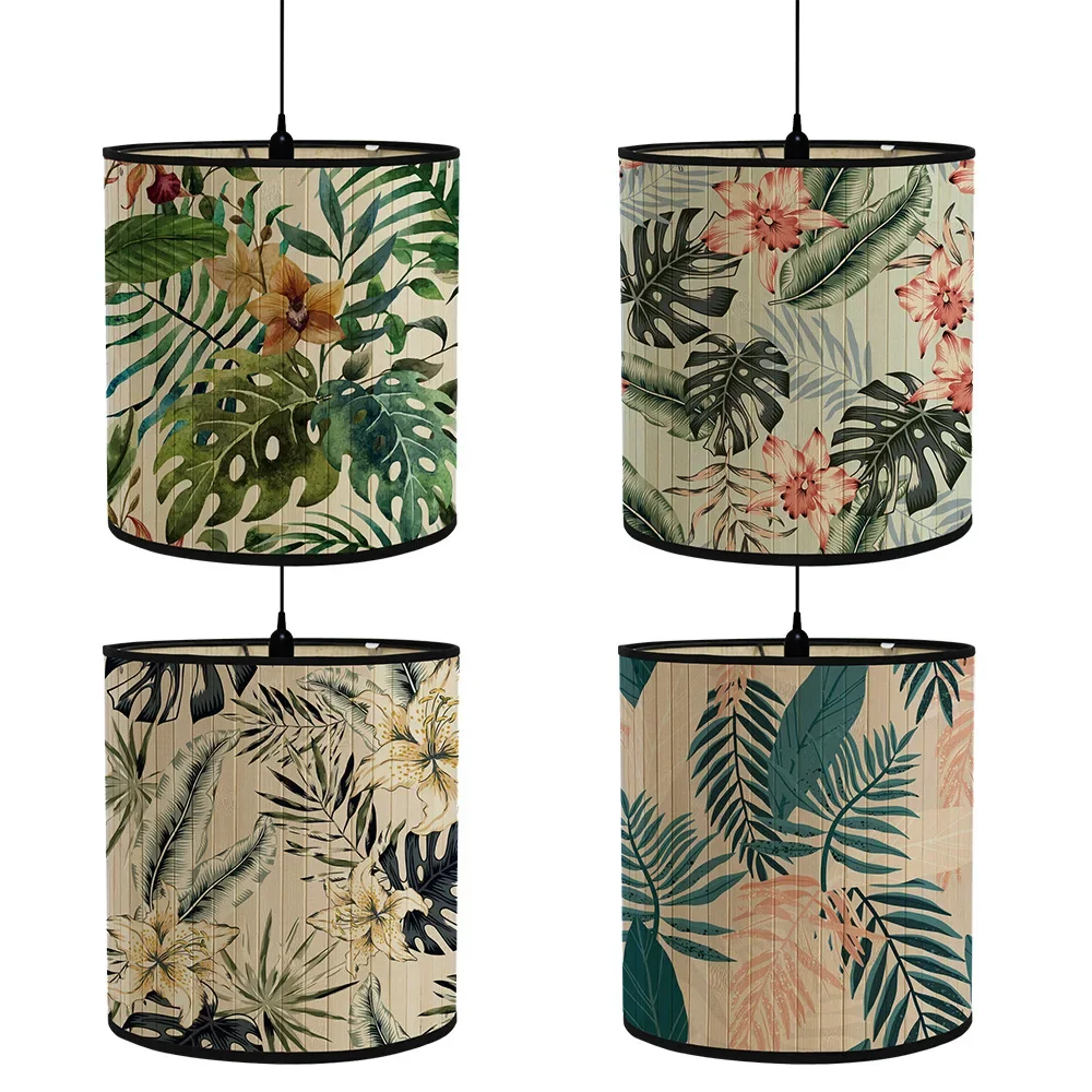 Tropical Plants Print Lamp Shade European Style Bamboo Hanging Chandelier Lampshade Foldable E27 Home Decor Light Cover