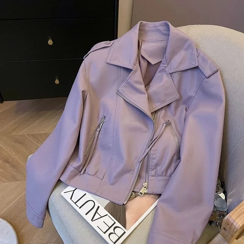 

Женская демисезонная кожаная куртка-топ, укороченная, однотонная, на молнии, свободного кроя, модная, премиум-дизайн, повседневная, простая, брендовая, мягкая, нишевая