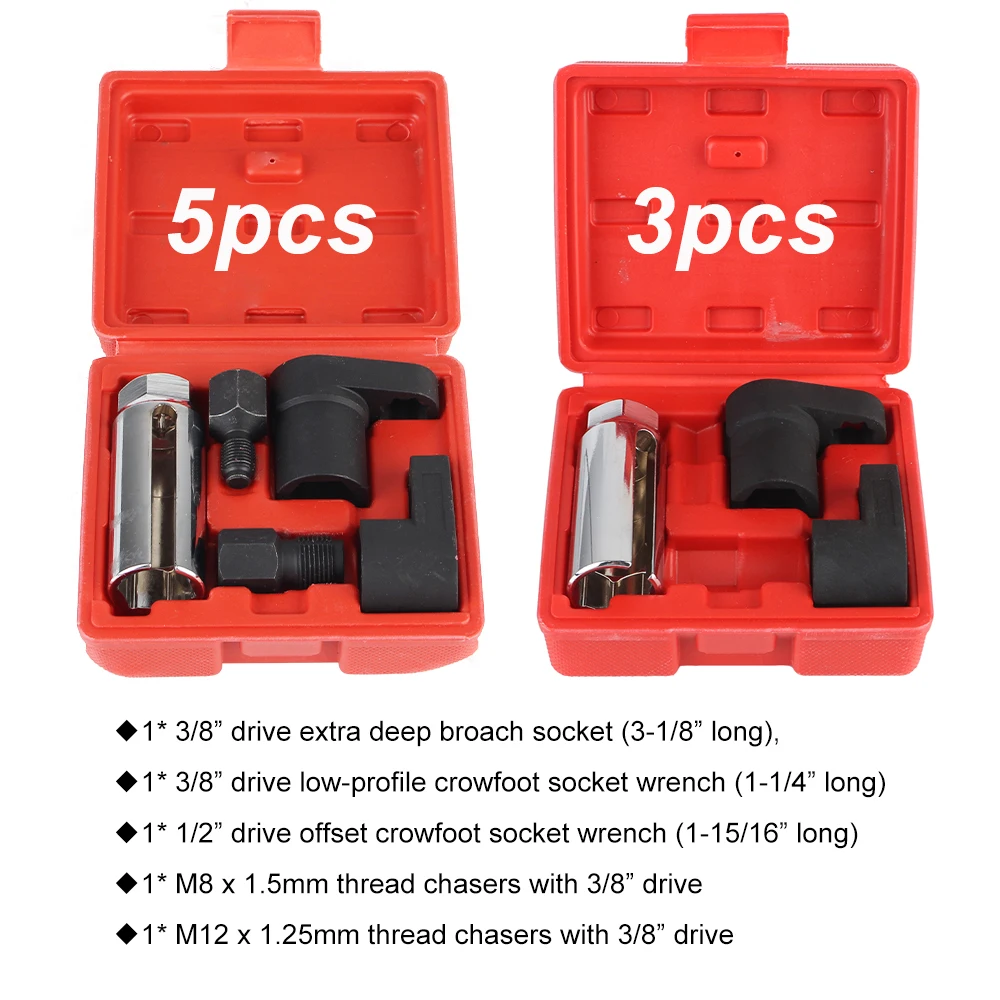 3/5Pcs 22mm Car Oxygen Sensor Socket Wrench Set O2 Sensor Offset Removal Tools Cr-V S2 Steel M12 M18 Thread Chaser Garage Tool