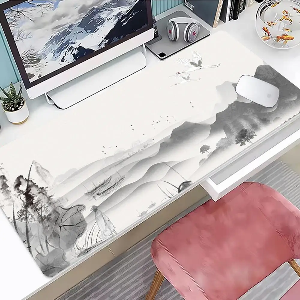 Ink-wash Crane Mouse Pad Gaming Mouse Pad, Mouse Pad with Edges and Non-Slip Rubber Base, Extended Mouse Pad