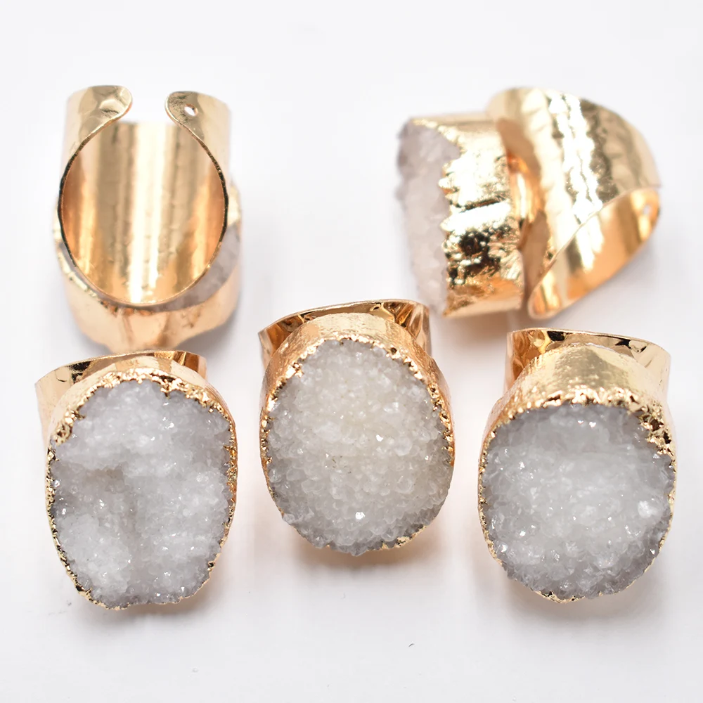 

Wholesale 5pcs/lot Fashion Natural Stone crystal Electroplated Slice Open Rings Women Wedding Engagement Ring Set Free Shipping