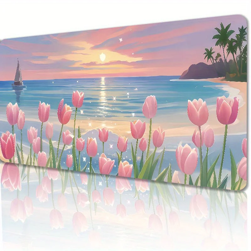 

Anti-slip rubber base of the seaside tulip mouse pad, tropical beach and pink design, is suitable for office and home desktops