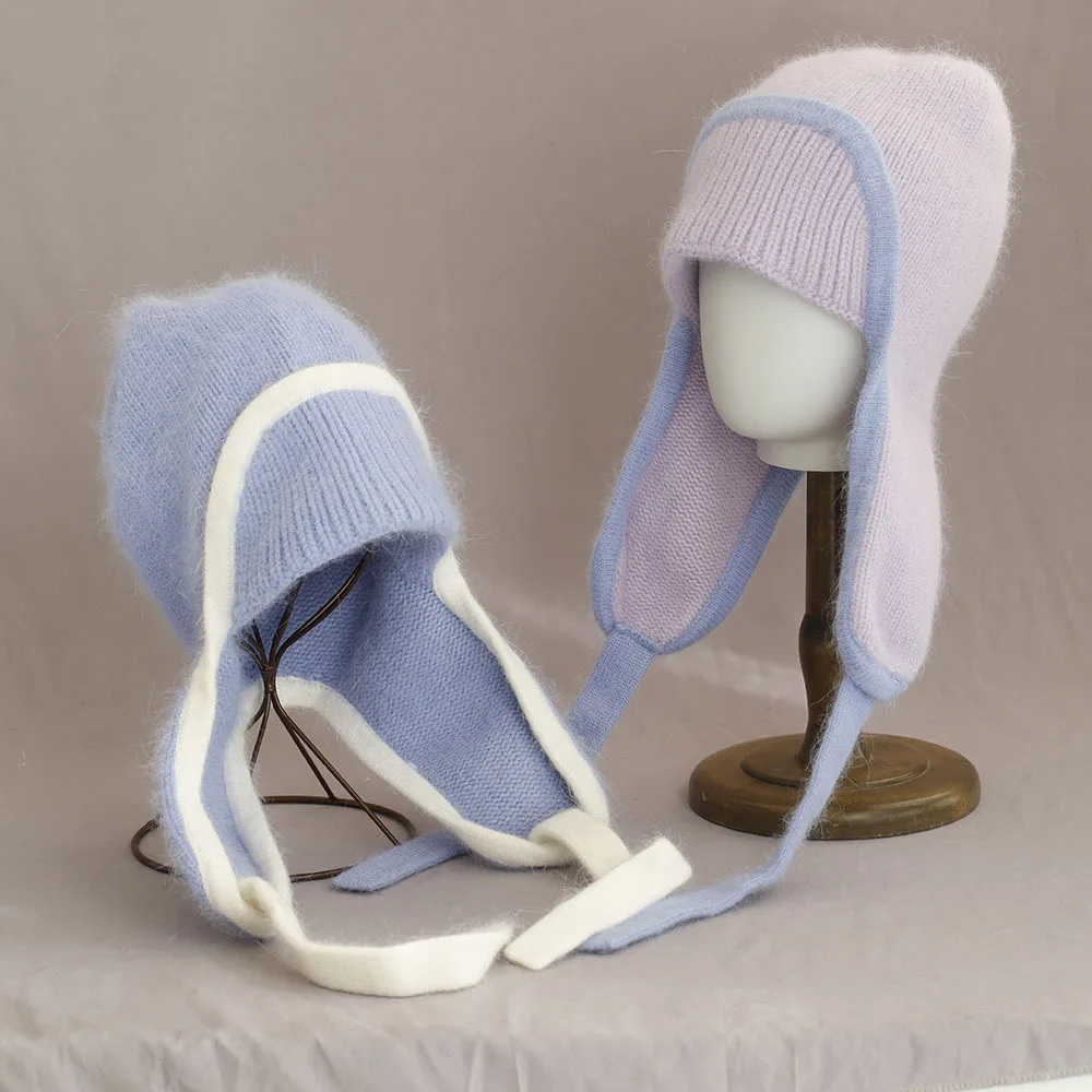 Chapéu earflap feminino inverno angora malha gorro acessório quente para tempo frio outono ao ar livre esqui esportes férias
