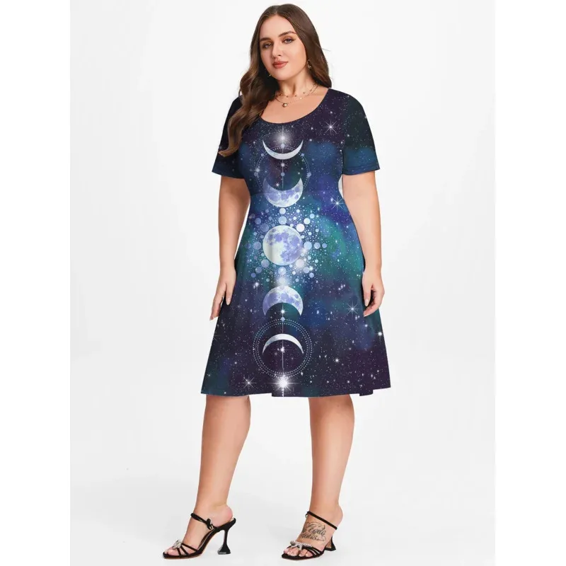 NewROSEGAL Plus Size Vintage 3D Printed Dresses S-5XL Summer Casual Women Knee Length Dress Streetwear Fit And Flare Vesdo ER162