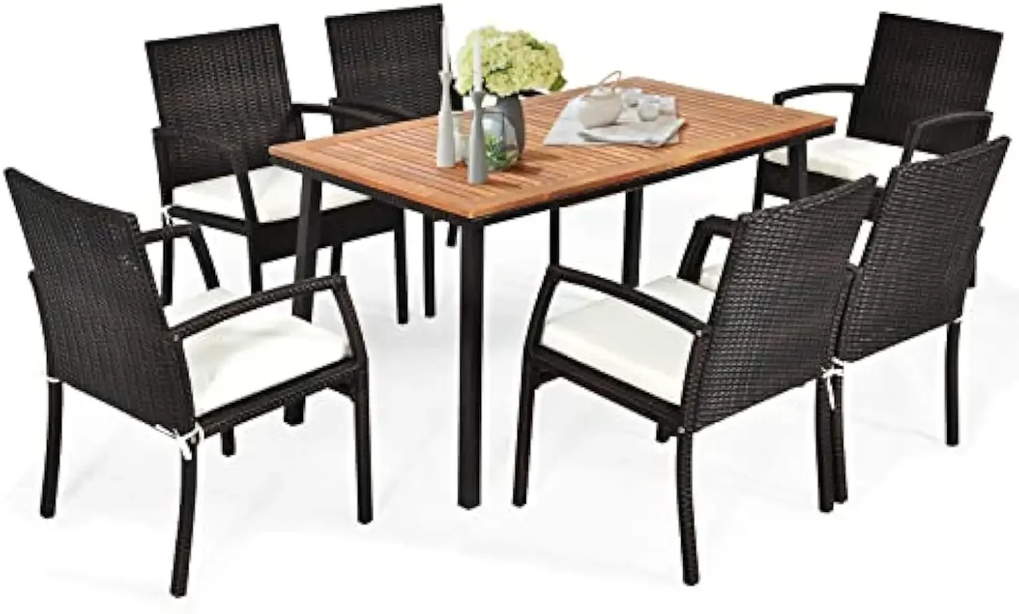 

7 Pieces Outdoor Dining Set, Steel Frame Patio Dining Table Set w/ 6 Rattan Armrest Chairs, Conversation Set w/Acacia Wood Top