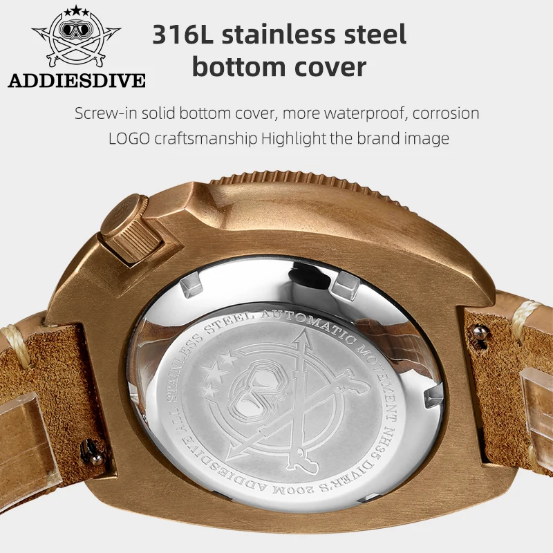 ADDIESDIVE Vintage CUSN8 reloj de bronce zafiro de lujo NH35 relojes mecánicos automáticos 200m impermeable C3 reloj de buceo luminoso