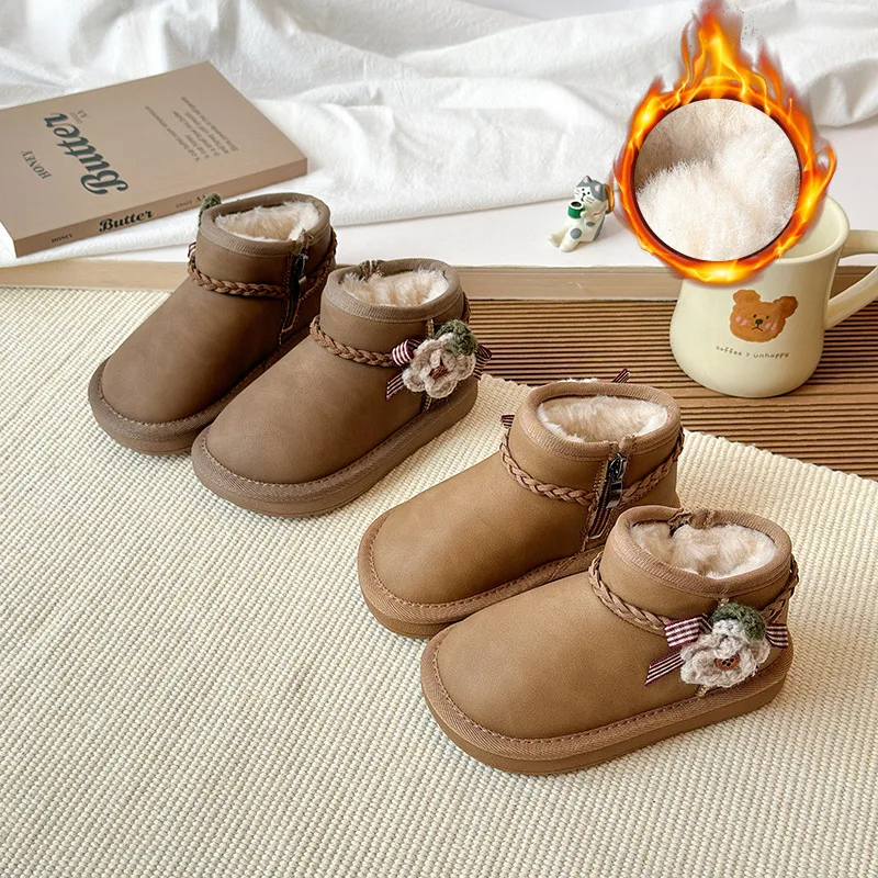 

Children Snow Boots with Cute Flowers Kids Short Boots Thick Fur Soft 2025 Winter New Girls Ankle Boots Versatile Sweet Non-slip