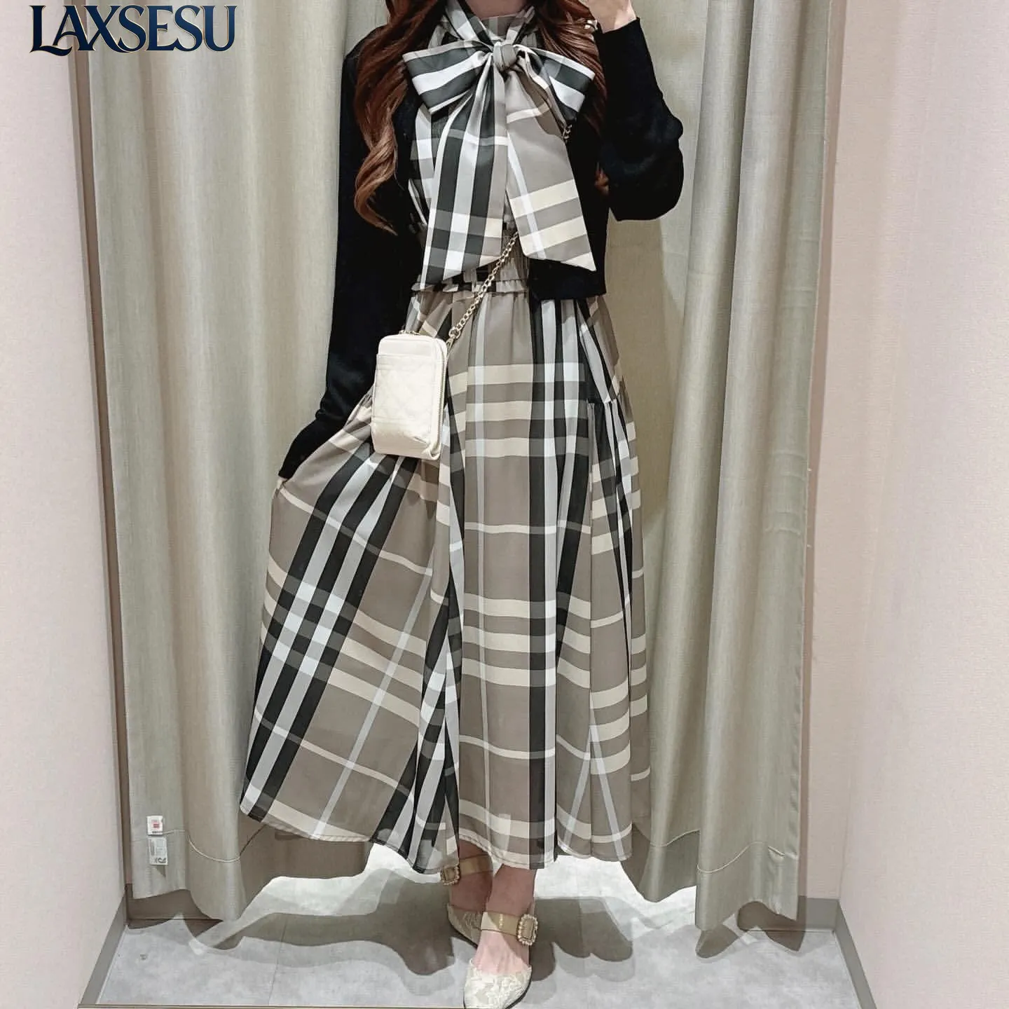 Japanese Style Summer New Waist Cinching Long Dress with Bow Tie and Grid Pattern Sleeveless High Waisted Elegant Dresses