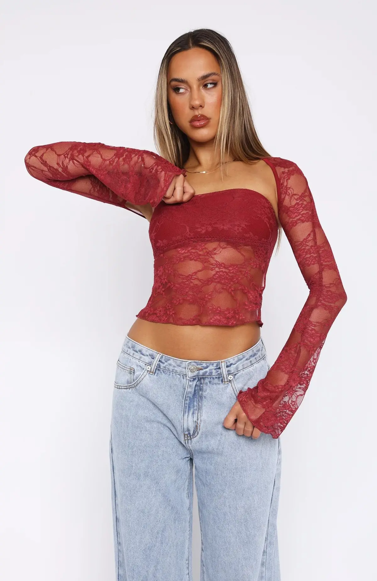 Women\'s Tops T-Shirt Autumn New Style Sexy Slim Low-Cut Lace Backless Hollow-Out Midriff-Baring See-Through Long-Sleeve Shawl Chest Wrap Set