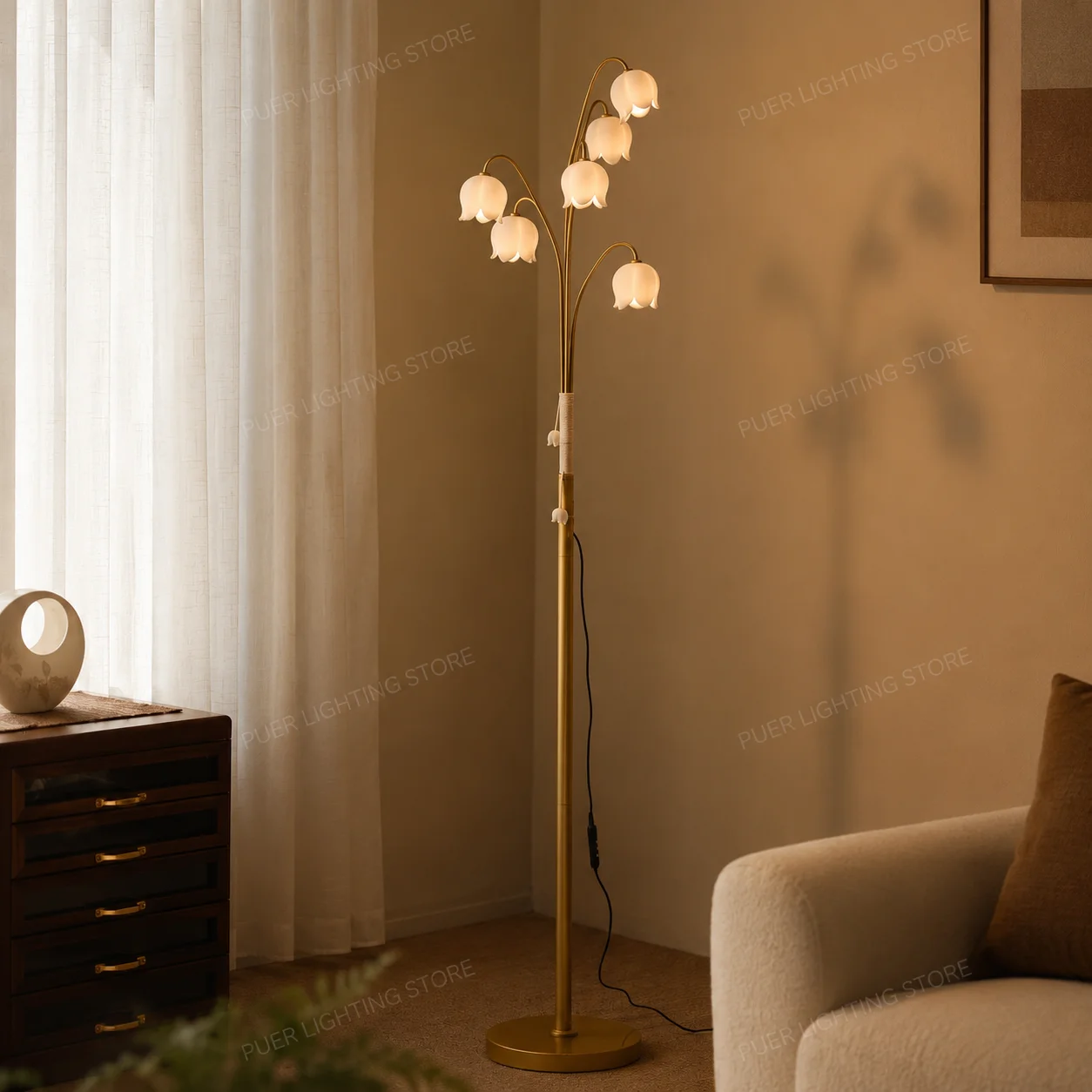 Lily Of The Valley Vintage Floor Lamp Retro Standing Light Sofa Side Decor Lamp For Bedroom Living Room Home Ambient Lighting