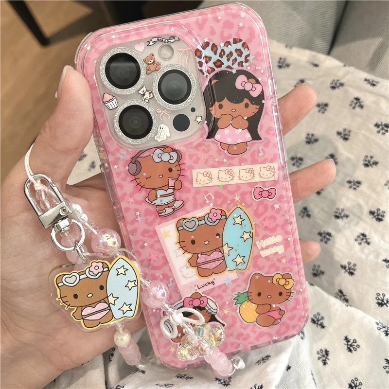 

Funny Cute Leopard Print Hellokitty Phone Case For iPhone 16 Pro 13 14 15 Pro Max Cover with Chain Strap Cartoon Cases